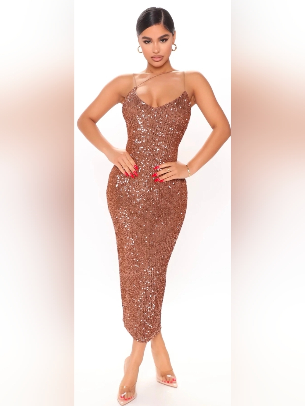 Fashion Nova Copper Sequin Midi Dress